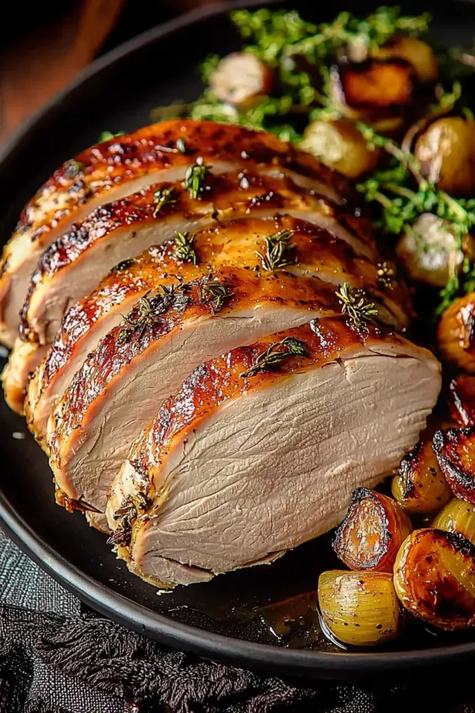 Smoked turkey breast with caramelized vegetables on a black plate.