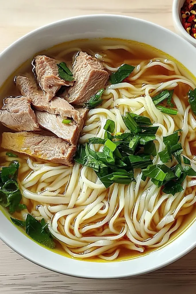 A close-up of a bowl of noodle soup featuring fresh herbs, meat slices, and chili flakes.