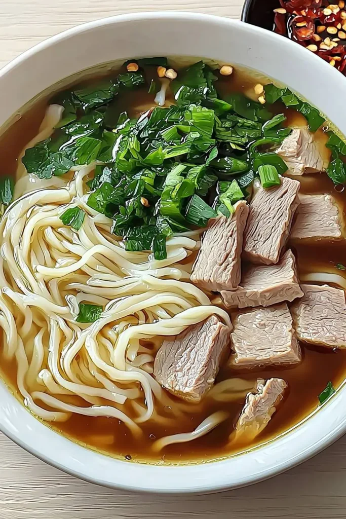 Noodle soup served with thick slices of meat and fresh green herbs in a rich broth.