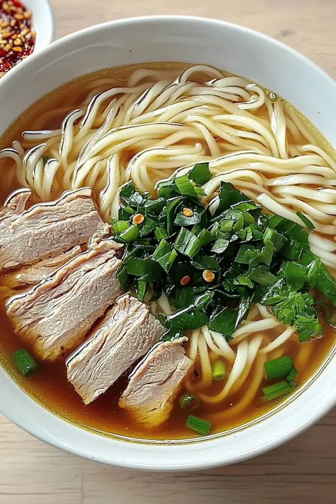 A steaming bowl of noodle soup with fresh green onions, meat slices, and vibrant broth.