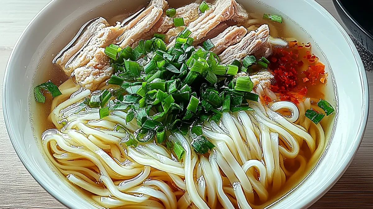 A hearty bowl of noodle soup with tender slices of meat, fresh herbs, and flavorful broth.