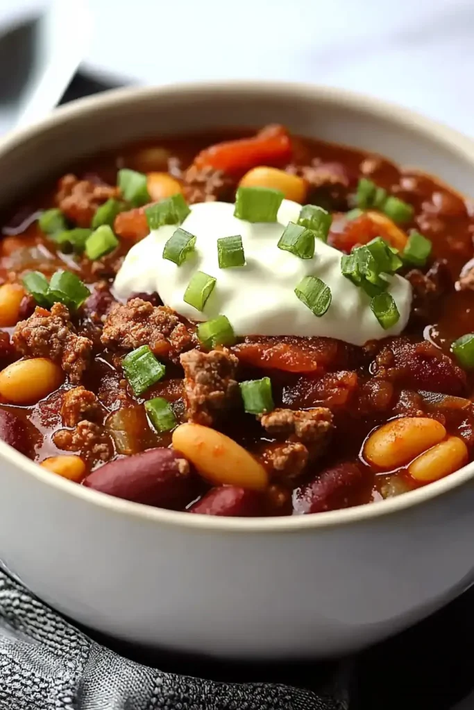 Steak and Beef Chili in a White Bowl with Sour Cream