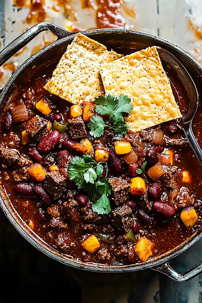 Steak and Beef Chili Topped with Cheese and Sour Cream