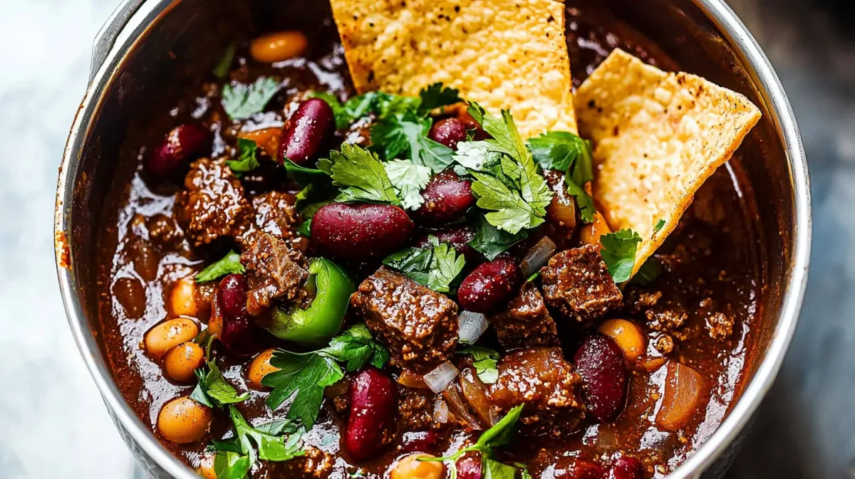 Close-up of Steak and Beef Chili with Kidney Beans and Sour Cream