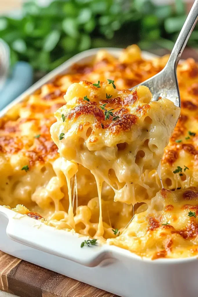 Close-up of Tinis Mac and Cheese with cheese stretching from a spoon.