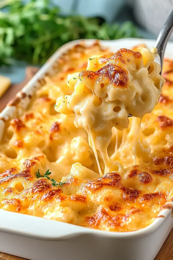 Overhead view of a full dish of Tinis Mac and Cheese garnished with thyme.