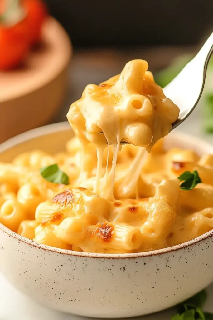 Serving spoon lifting Tinis Mac and Cheese with stretchy melted cheese.