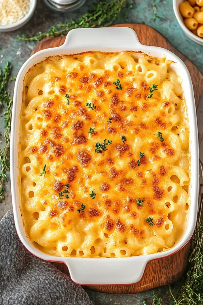 Tinis Mac and Cheese served in a bowl with stretchy cheese.