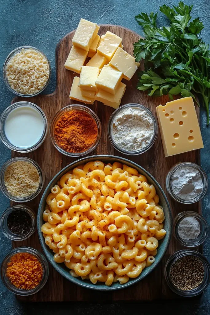 Ingredients for Tinis Mac and Cheese arranged on a wooden board.