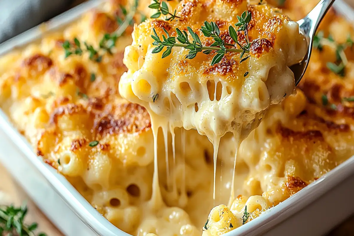 Close-up of Tinis Mac and Cheese with melted cheese and fresh thyme.