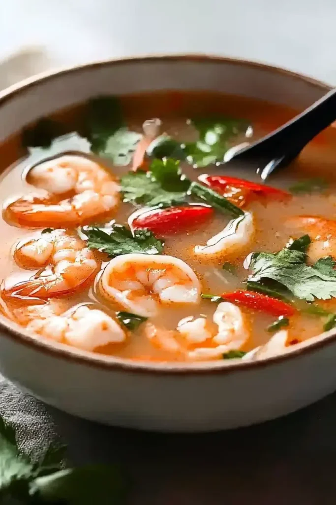 A bowl of Tom Yum soup featuring shrimp, fresh cilantro, red chili peppers, and a flavorful, spicy broth.