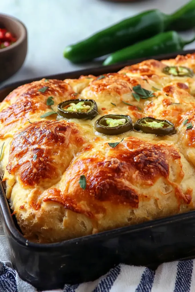 Close-up of vegan jalapeño cheese bread with golden crust and jalapeño toppings.