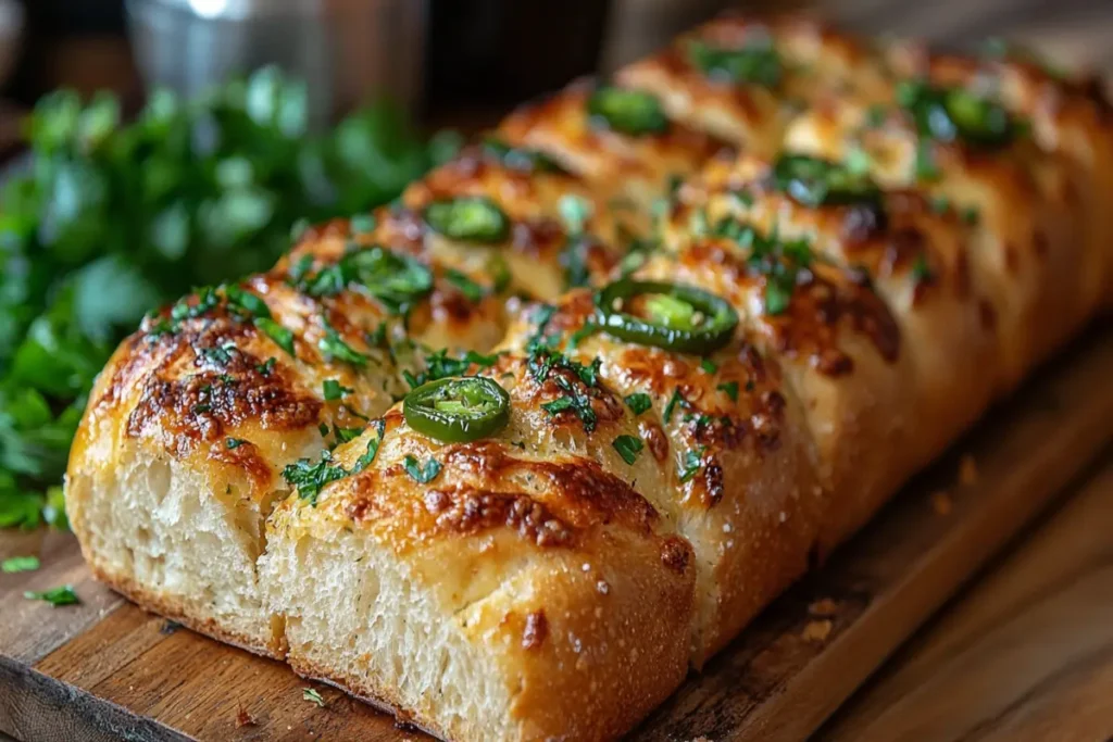 Golden-brown artisan bread topped with jalapeño slices and melted cheese.