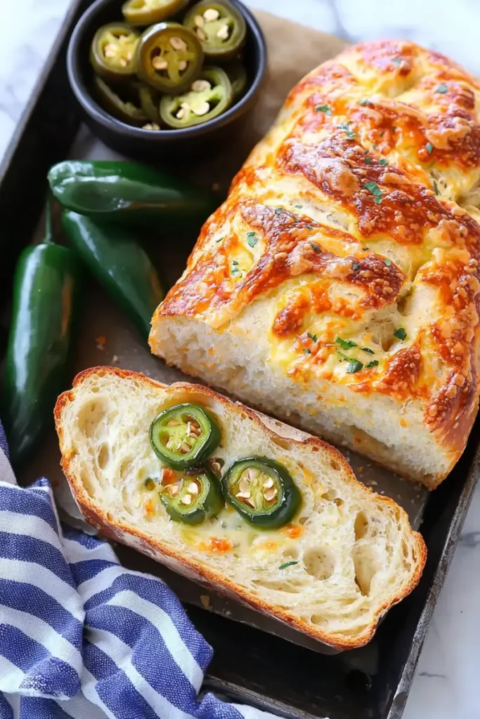 Artisan bread baked with melted cheese and sliced jalapeños in a black baking pan.