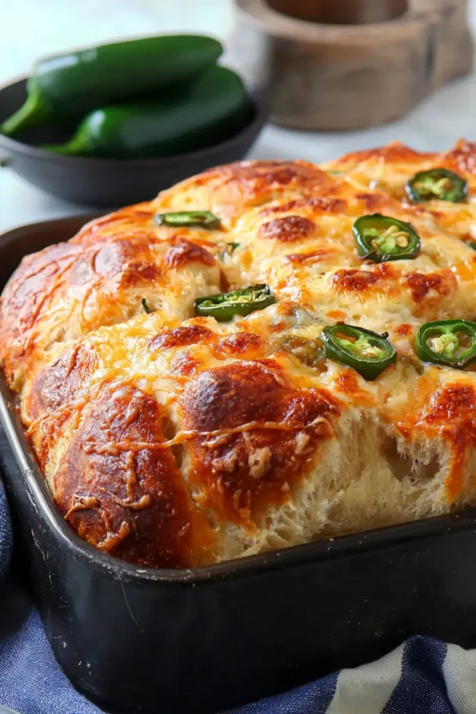 Sliced artisan bread with visible jalapeño rings and melted cheese.