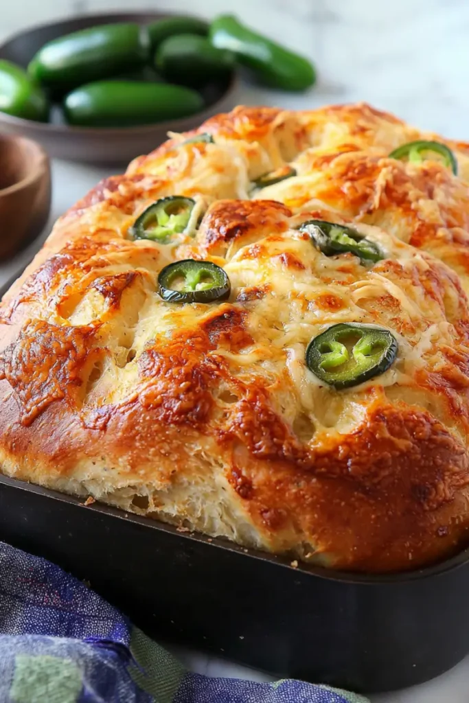 Vegan jalapeño cheese bread with a crispy golden top and fresh jalapeños.