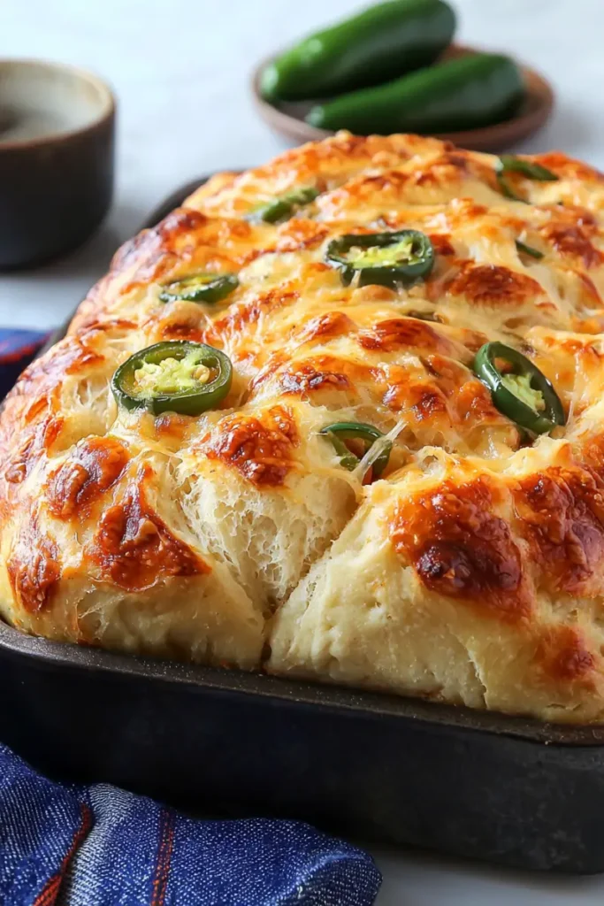 Long loaf of artisan bread garnished with jalapeño slices and fresh herbs.