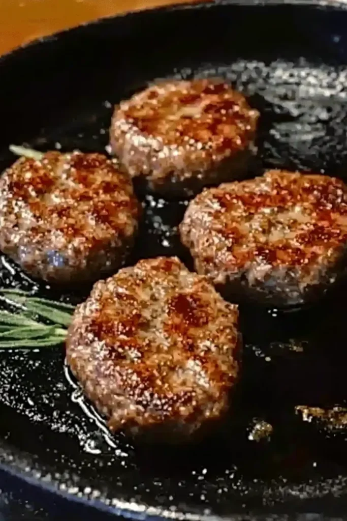 Golden-brown venison breakfast sausage patties cooking in a cast-iron skillet, garnished with a sprig of fresh rosemary.