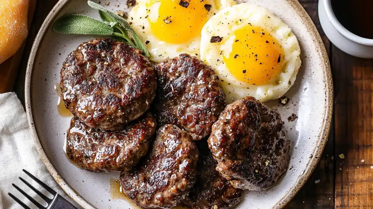 A plate of homemade venison breakfast sausage patties, served alongside sunny-side-up eggs, garnished with fresh sage leaves on a rustic ceramic plate.