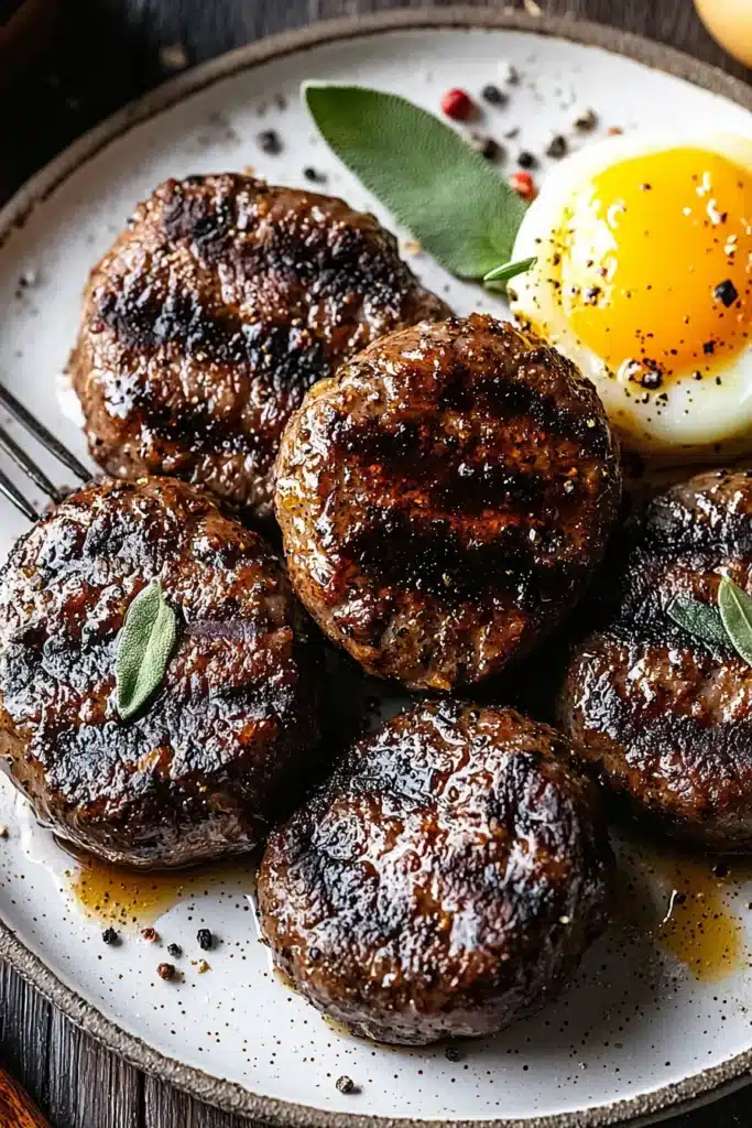 Close-up of golden-brown venison breakfast sausage patties on a plate garnished with fresh sage, served alongside a sunny-side-up egg.