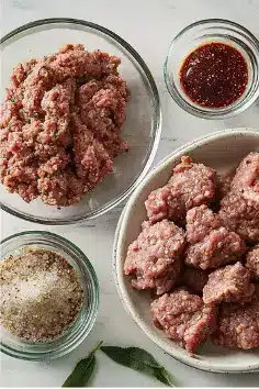 Ingredients for venison breakfast sausage recipe, including ground venison, seasoning mix, sage leaves, and a small bowl of maple glaze on a white countertop.