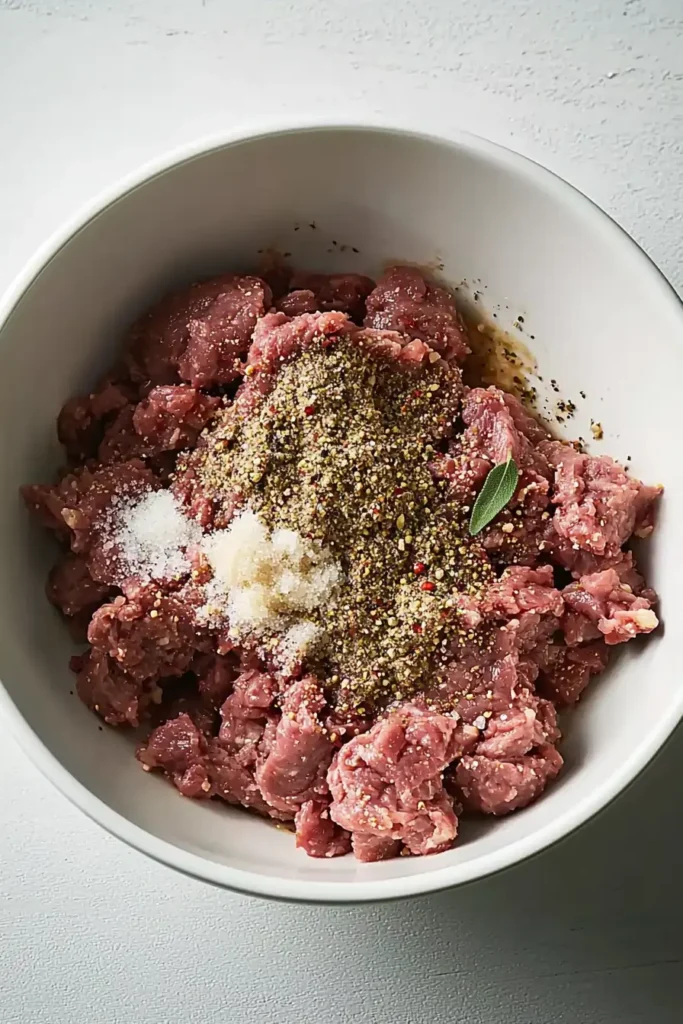 Ground venison in a white bowl with seasonings, including salt, pepper, red pepper flakes, and a fresh sage leaf, ready to be mixed.