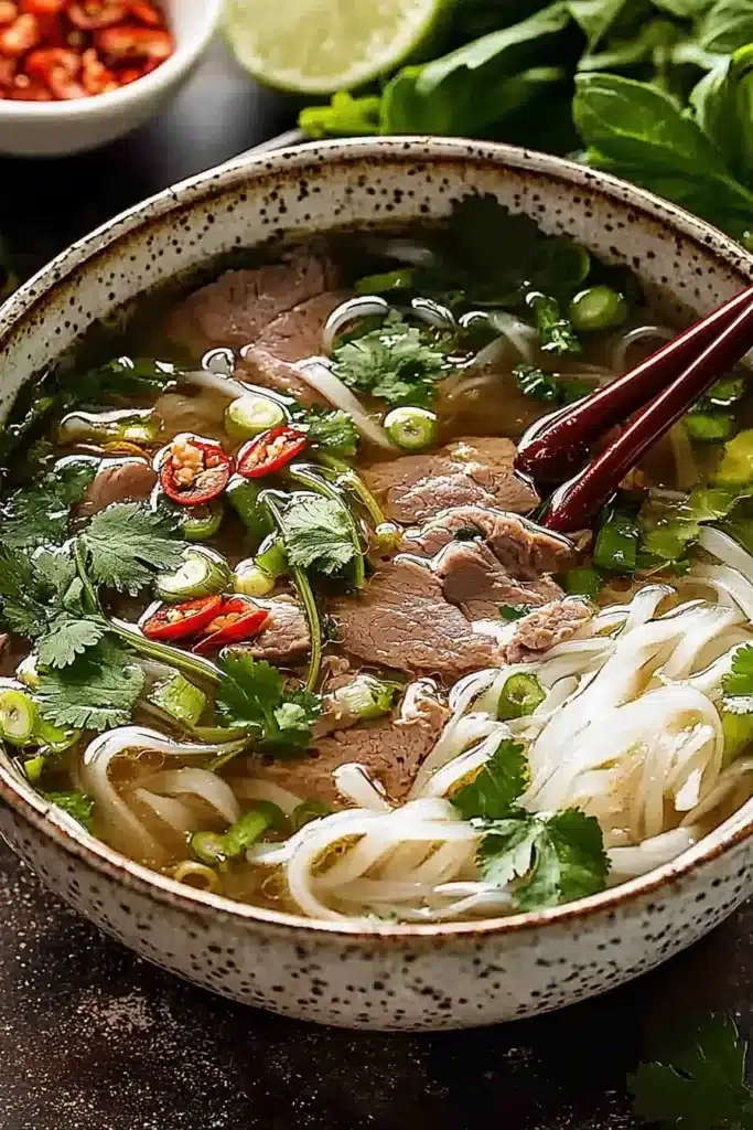 A bowl of Vietnamese Pho featuring rice noodles, tender beef slices, fresh herbs, red chili slices, and a clear, aromatic broth.