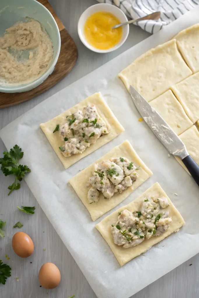 Puff pastry rectangles with chicken and cheese filling, ready to fold and seal.