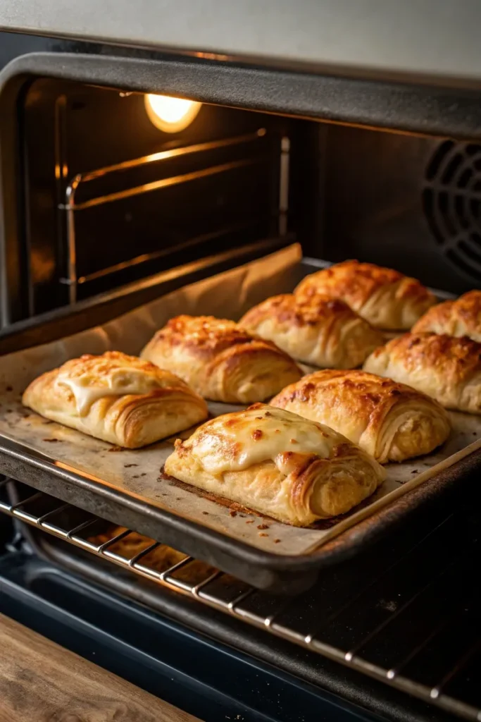 Chicken and cheese jalousies baking in the oven, puffing up and turning golden brown.