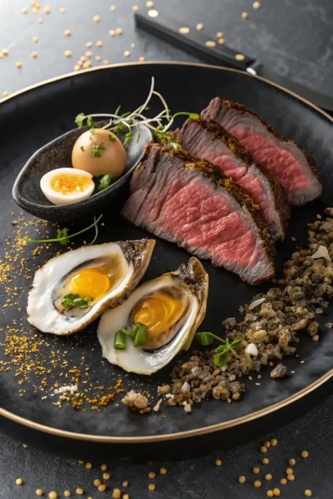 Billionaire’s breakfast with A5 Wagyu steak, oysters, and quail eggs.