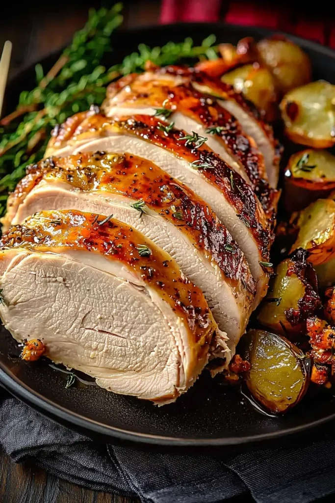 Juicy smoked turkey breast with crispy skin and herbs.