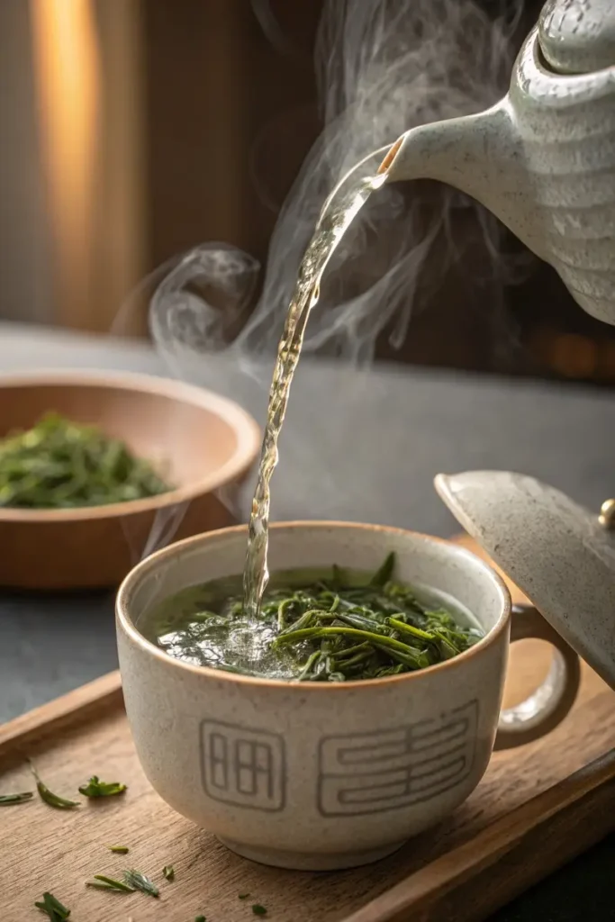 Brewing process for the perfect green tea drink recipe.