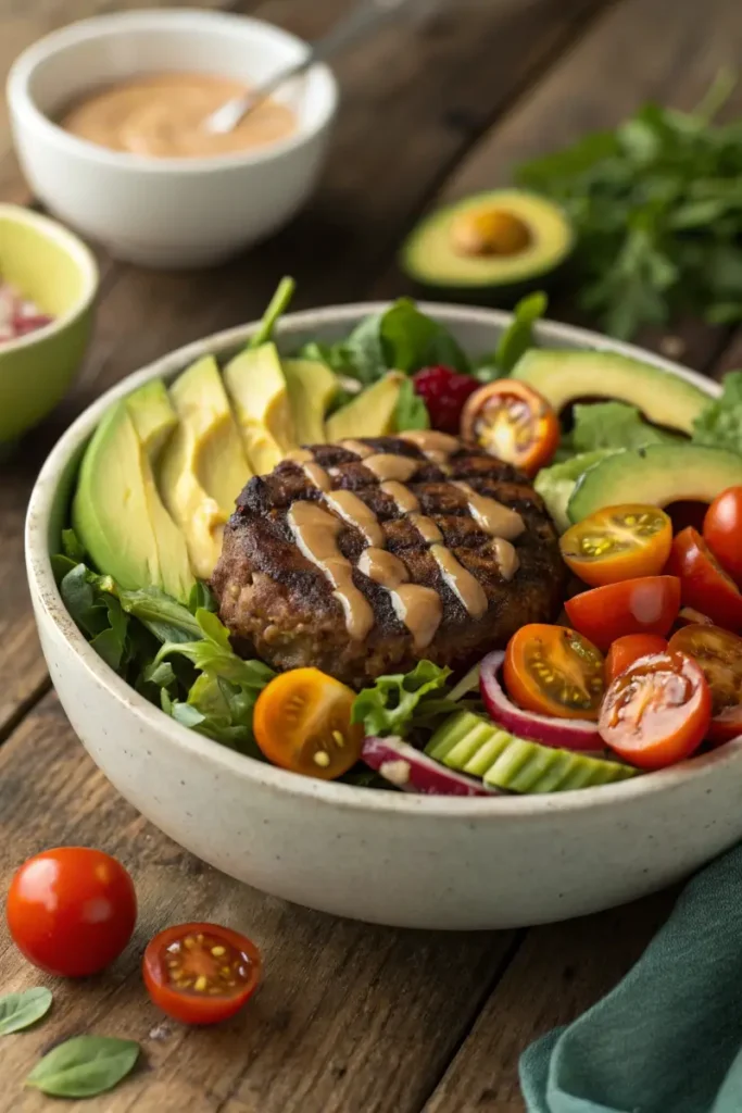 Burger bowl recipe with fresh greens and toppings