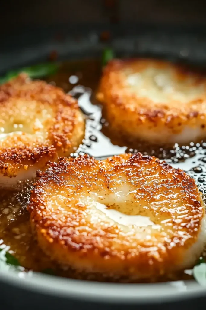 Calamari steaks sizzling in a pan with a golden brown crust.