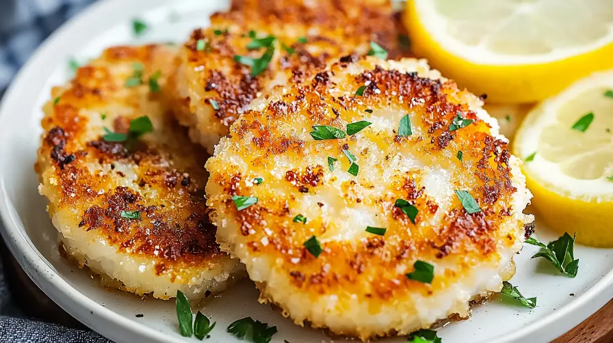 Crispy golden calamari steak garnished with parsley and served with lemon slices.