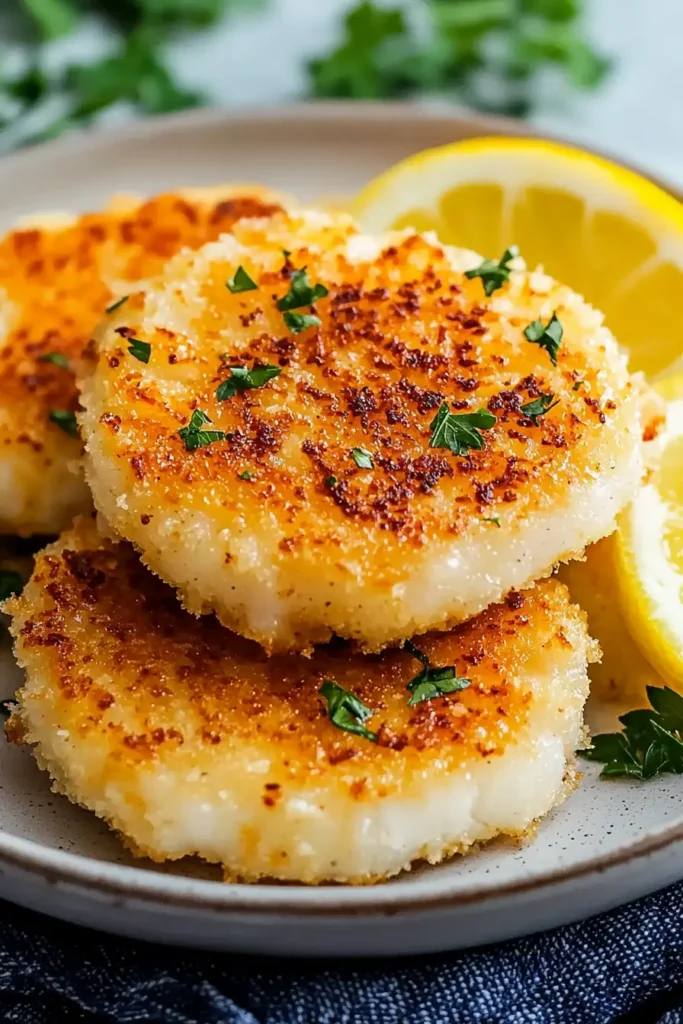 A plate of golden calamari steaks with parsley and lemon slices.