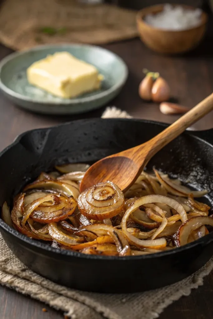 Golden caramelized onions cooking in a cast-iron skillet