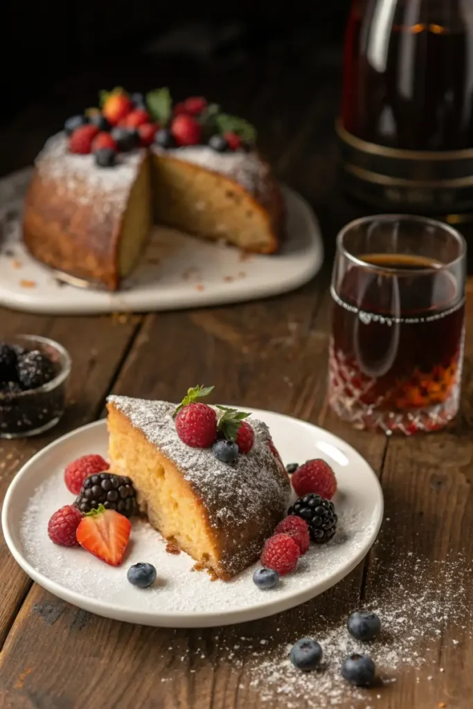 A slice of Caribbean Festival Rum Cake served with dark rum and fresh berries