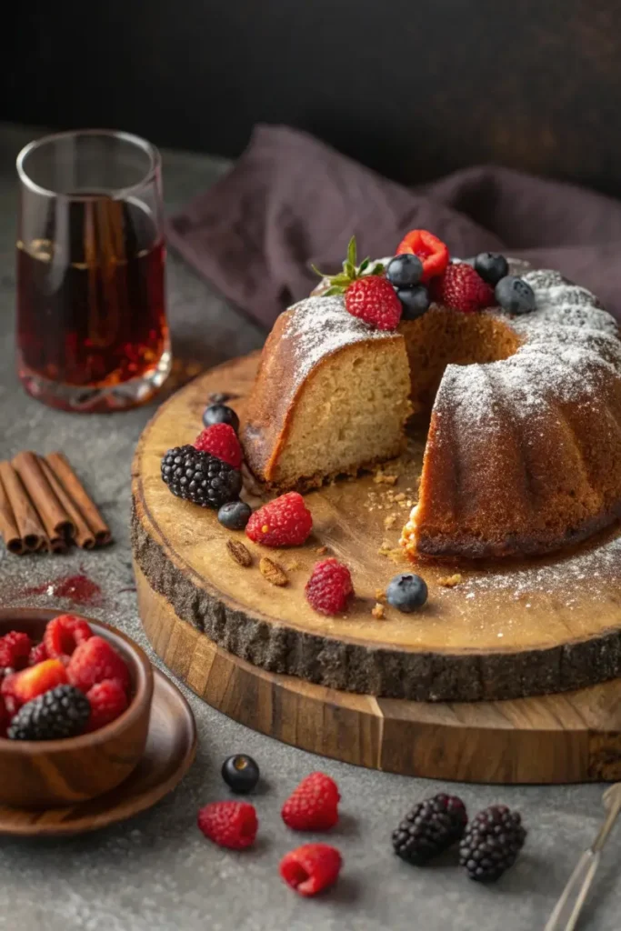 Sliced Caribbean Festival Rum Cake with fresh berries and dark rum