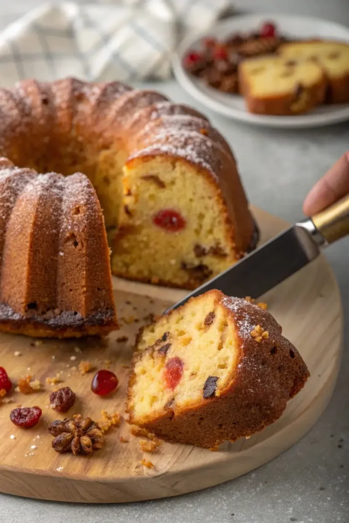 Slicing a Caribbean Festival Rum Cake to reveal its moist texture