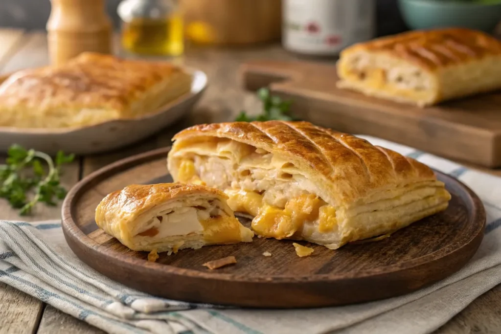 Golden chicken and cheese jalousie on a wooden plate, freshly baked to perfection.