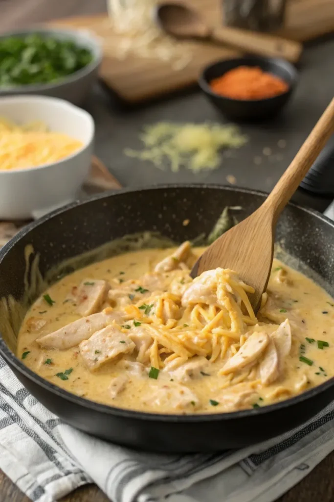 Creamy chicken and cheese filling being stirred in a pan.