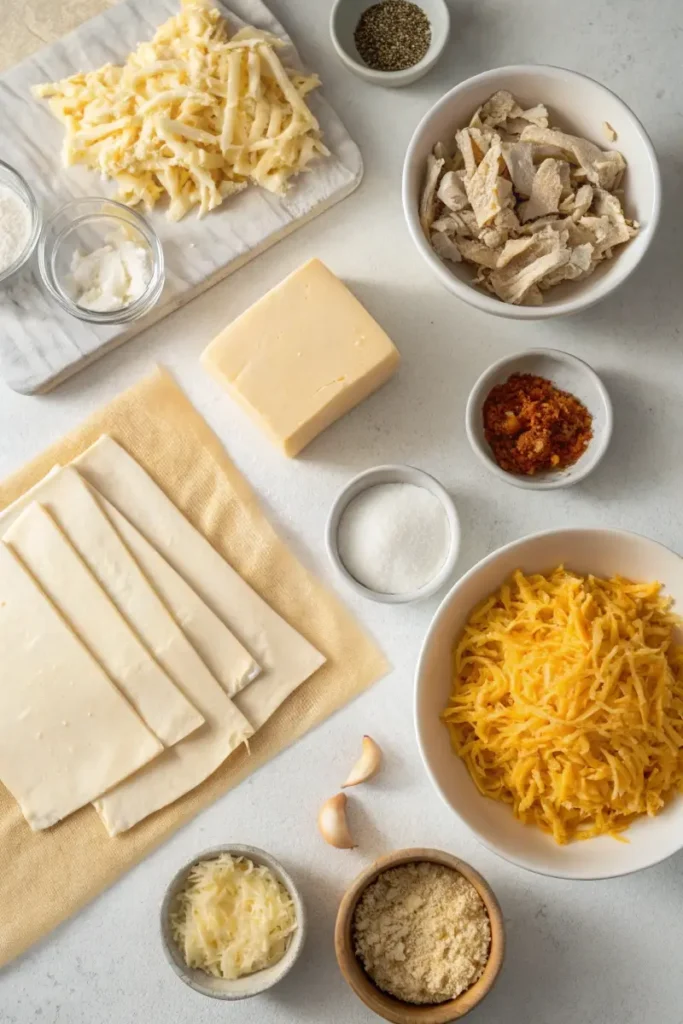 Ingredients for chicken and cheese jalousie: puff pastry, shredded chicken, cheese, and seasonings.