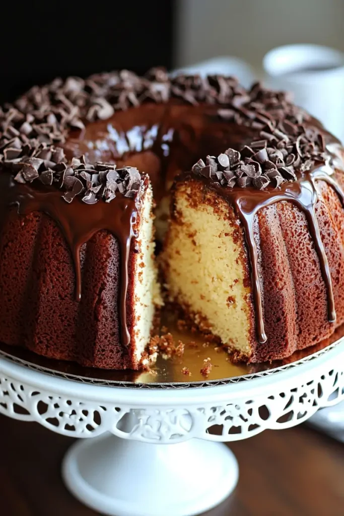 Chocolate cream cheese pound cake with chocolate chips and ganache, slice removed.