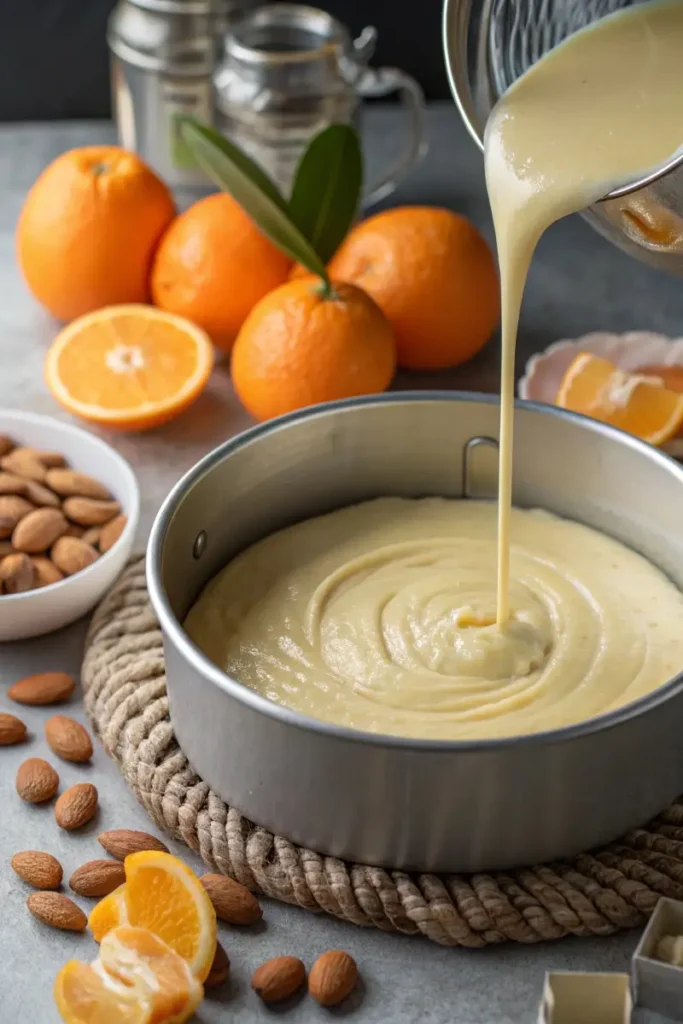 Preparing batter for Prolific Oven Chocolate Orange Almond Cake.