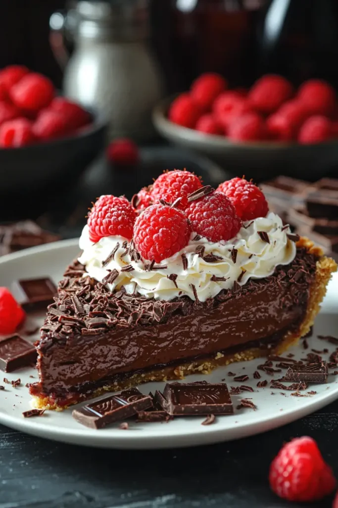 Classic chocolate pie served on a white plate, topped with whipped cream and fresh raspberries, with a rustic holiday dessert table in the background.