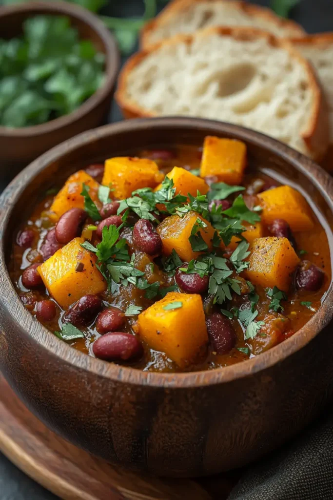 Close-up of squash and kidney beans dish with parsley garnish, served with bread.