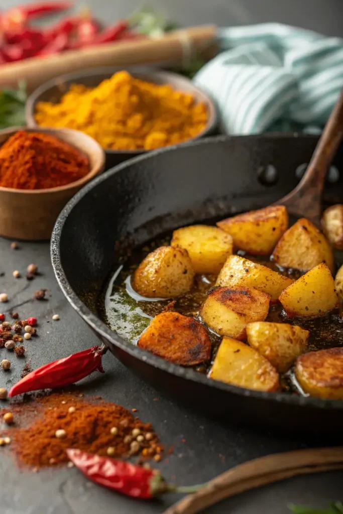 Skillet cooking Mexican breakfast potatoes.