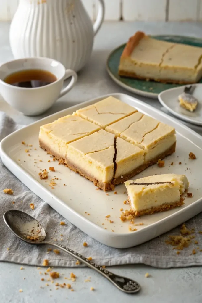 A cracked Philadelphia Cheesecake Bar on a plate