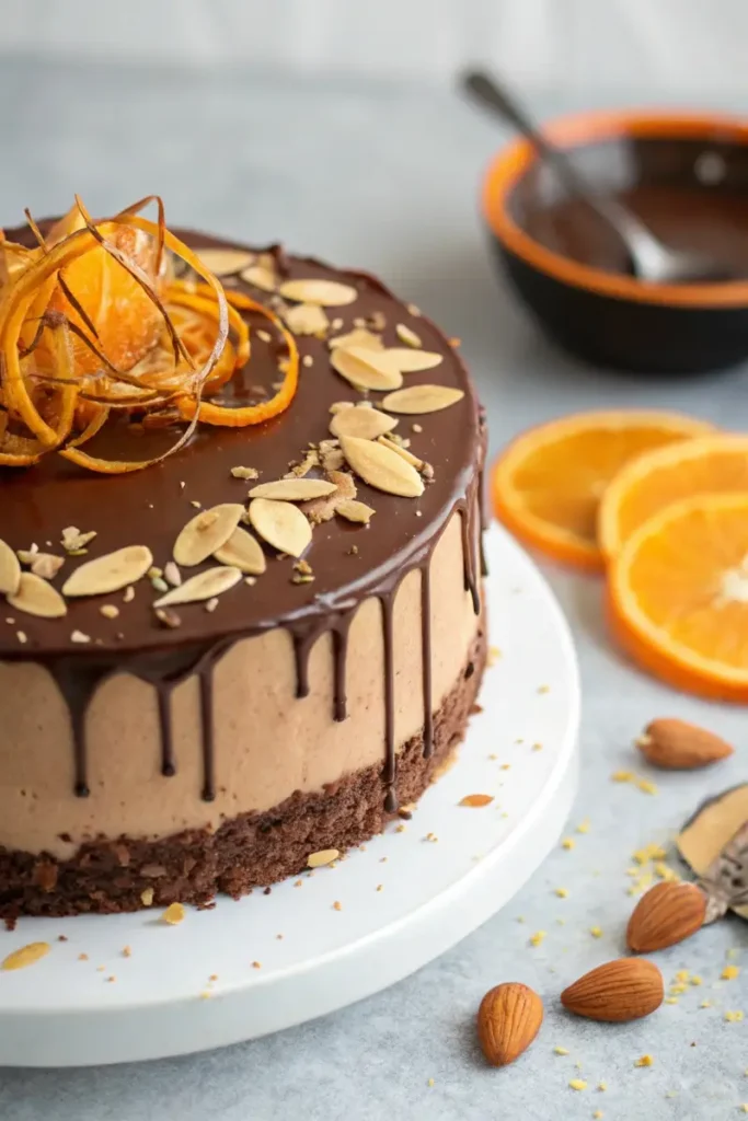 Decorating Prolific Oven Chocolate Orange Almond Cake with almonds.